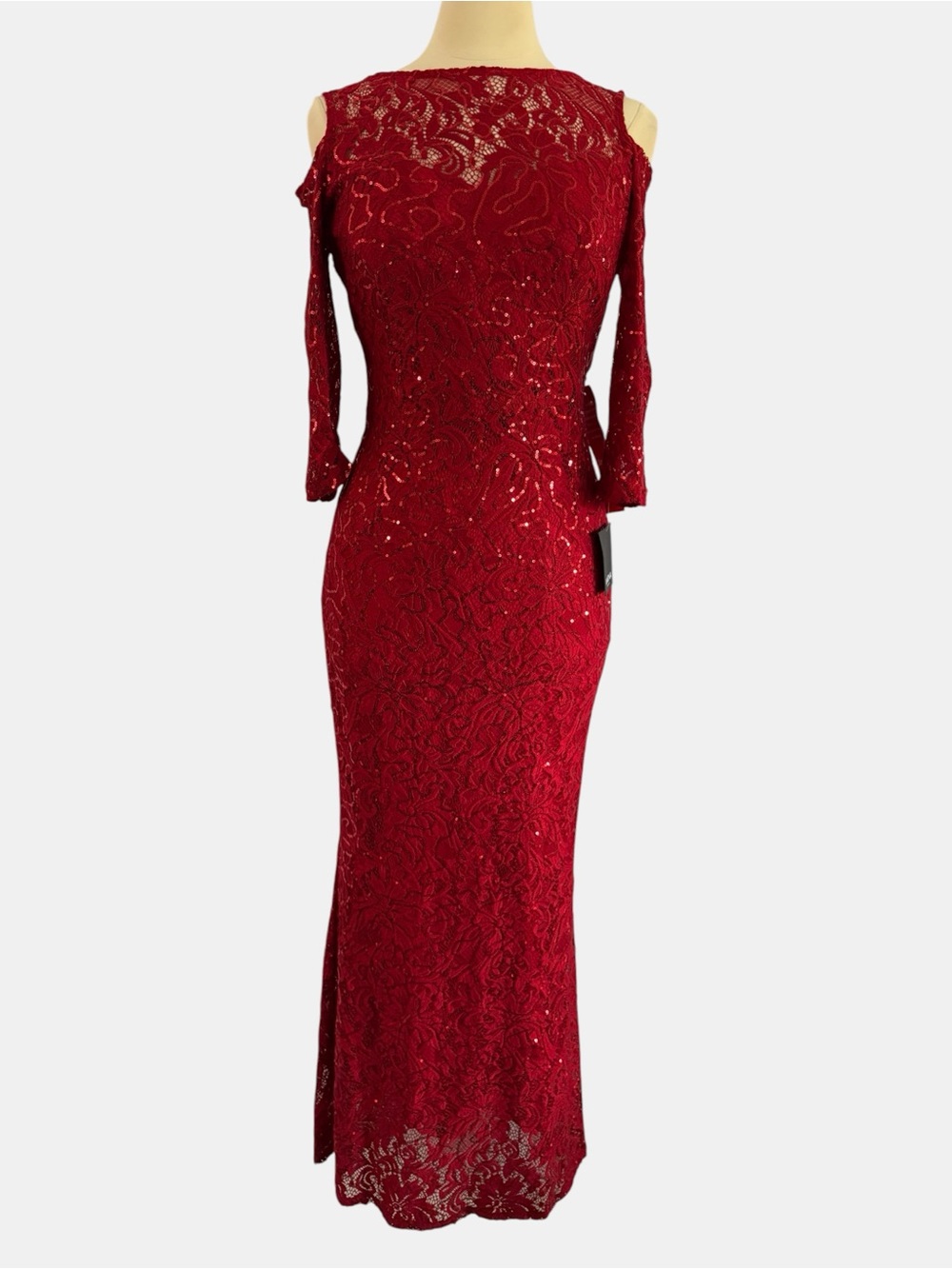NWT Marina Red Sequin Lace Cold Shoulder Maxi Evening Gown Dress